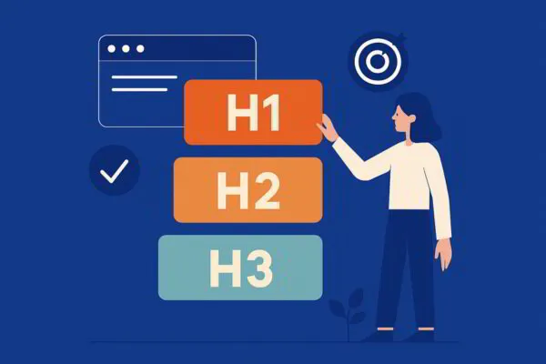 A woman interacting with color-coded blocks labeled H1, H2, and H3.