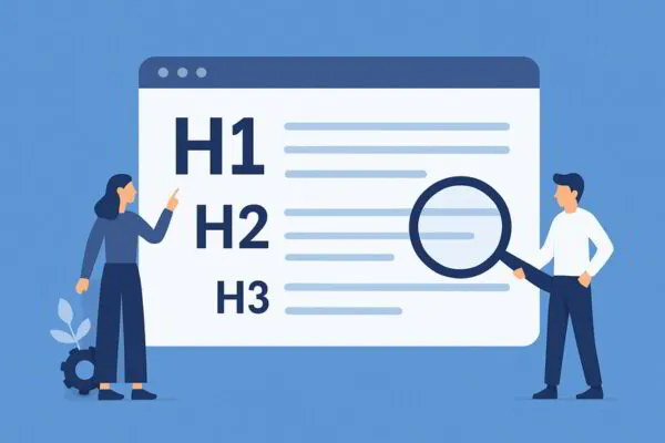 A visual showing two people analyzing H1, H2, and H3 tags on a webpage, with one holding a magnifying glass.