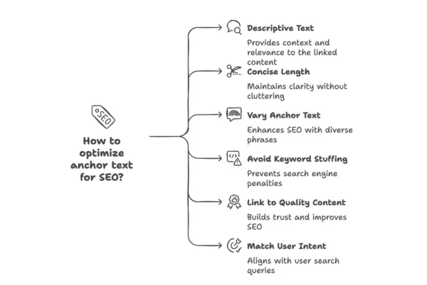 A diagram illustrating how to optimize anchor text for SEO, including descriptive text, concise length, varied anchor phrases, avoiding keyword stuffing, linking to quality content, and matching user intent.