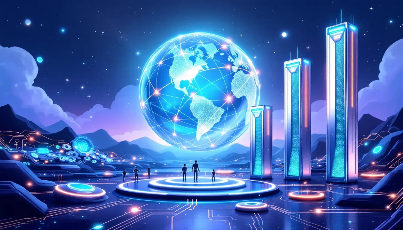 Global networking with glowing lines and people icons.