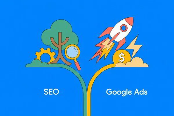 Illustration comparing SEO and Google Ads with tree and rocket.