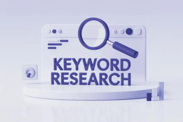 3D illustration of keyword research with magnifying glass icon