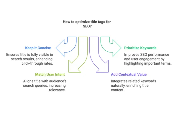 A visual guide on optimizing title tags for SEO, emphasizing concise titles, keyword prioritization, user intent alignment, and contextual value.