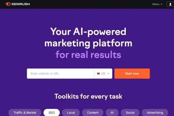 SEMrush homepage with AI marketing platform and toolkit options.
