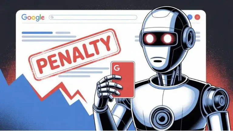 Google robot holding red penalty card with "PENALTY" stamp.