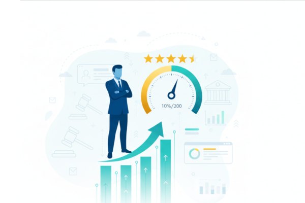 Lawyer standing beside rising chart and five-star Avvo rating