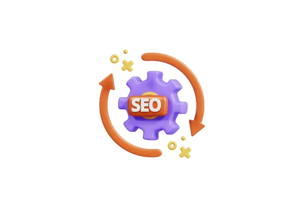 A 3D gear icon labeled "SEO" with arrows around it, representing technical SEO processes.