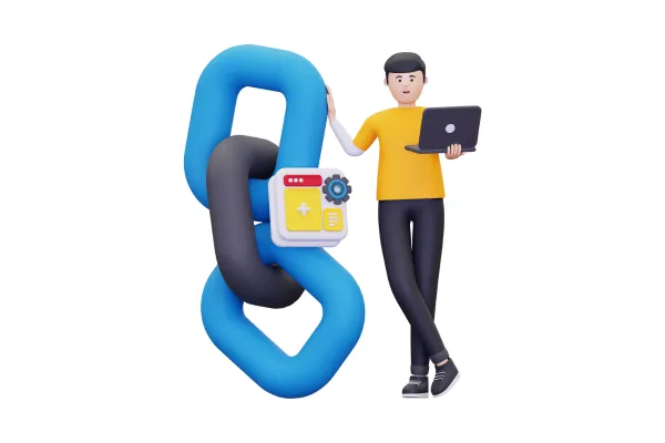 A graphic illustration of a person holding a laptop next to a large chain link symbol, representing backlink audits and SEO tools.