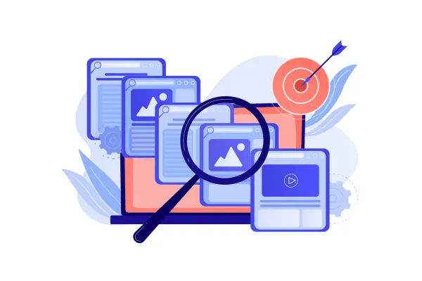 A graphic illustrating a content audit process with magnifying glass and web pages.