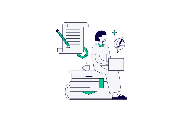 An illustration of a person sitting on a stack of books while working on a laptop, representing content creation and analysis.