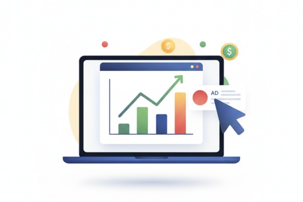 Laptop screen showing growth chart and online ad metrics