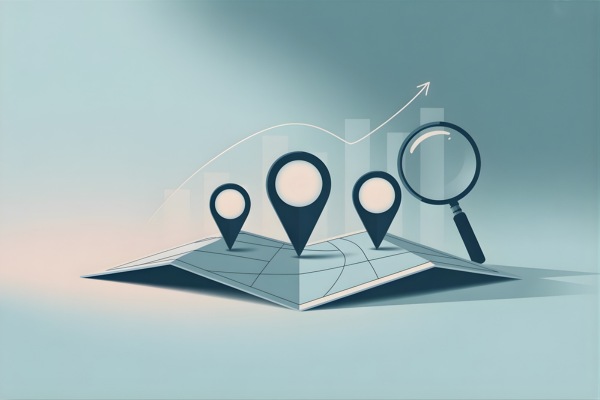 Digital map with location pins and growth arrow