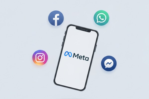 Smartphone displaying Meta with Facebook, Instagram, WhatsApp icons