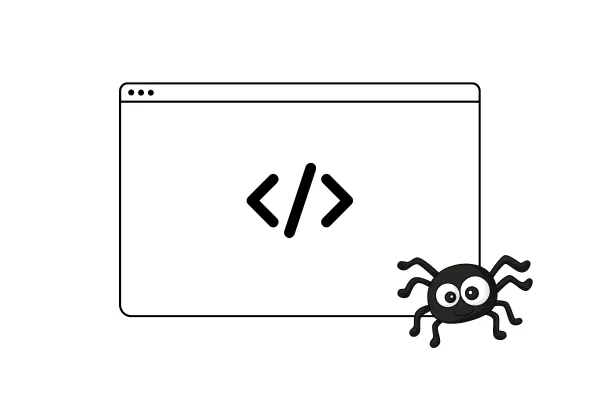 A web browser window with code brackets and a spider icon, symbolizing webpage optimization for crawling.