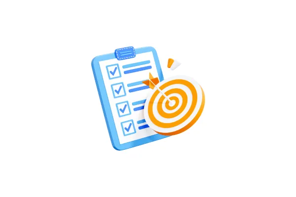 An illustration of a checklist on a clipboard with a bullseye target, symbolizing goal setting and tracking success.